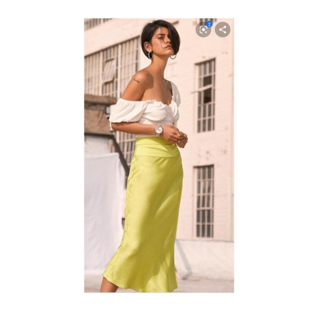 Free People Norman Bias Midi Skirt‎ Lime Green Silky Polyester Side Zip SZ 0